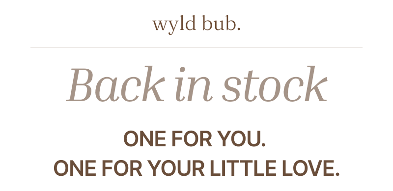 Cream header with brand logo, soft brown title reading Back in Stock, and centered text introducing a matching bracelet set for parent and child.