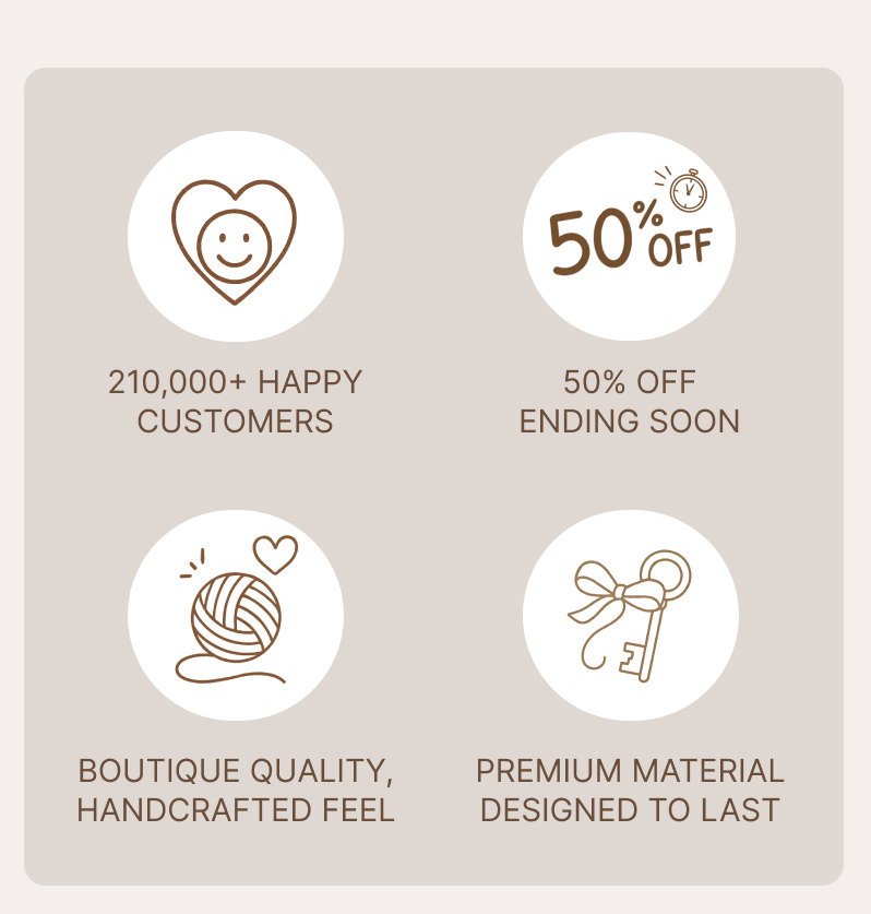 Grid of four icons highlighting product features: a heart with a smiling face representing customer satisfaction, a winged figure with a box indicating shipping, a ball of yarn symbolizing handcrafted quality, and a ribbon-tied key denoting durable materials.
