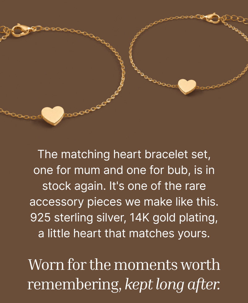 Two gold heart bracelets displayed on a brown background beside centered text describing the matching set, materials, and sentimental meaning.