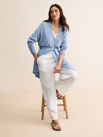 Women's Silk Linen Belted Cardigan in Lavender Blue