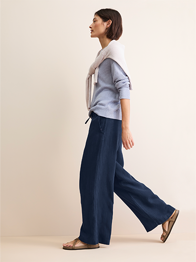 Women's Wide Leg Linen Trousers in Navy Blue