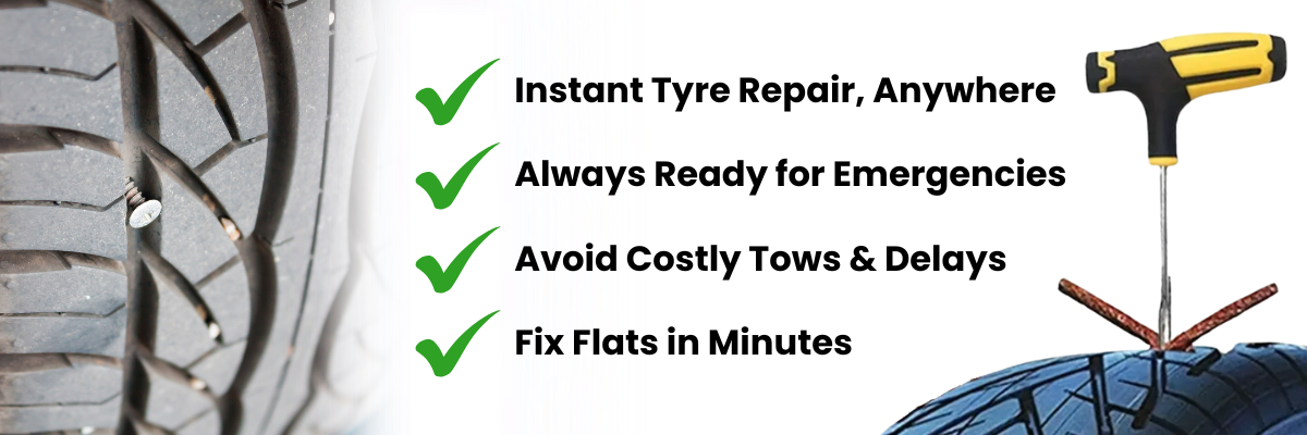 Tyre punctured with nail, and tyre repair kit fixing the puncture