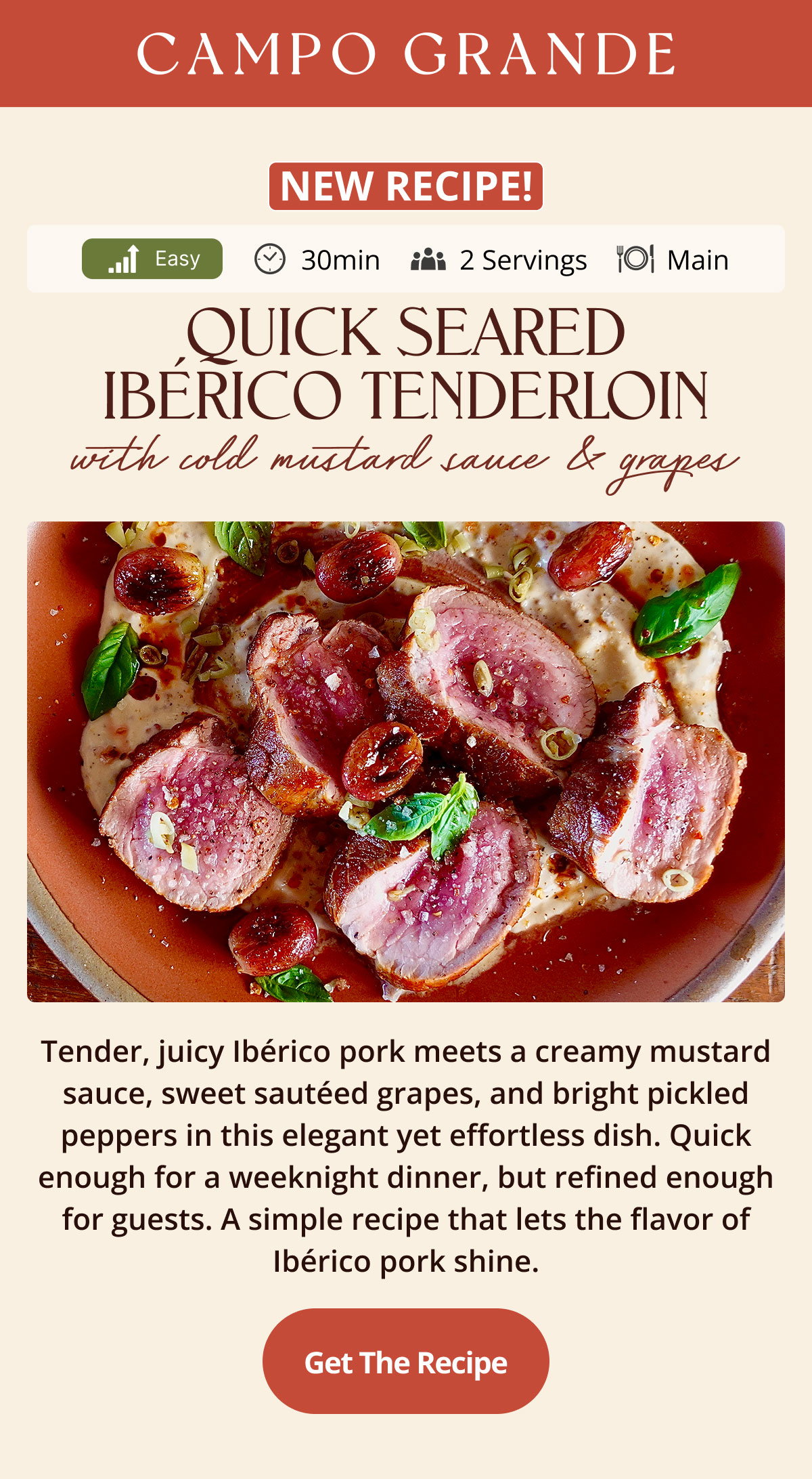 Seared Iberico Tenderloin With Cold Mustard Sauce / Sherry Grapes. Tender, juicy Ibérico pork meets a creamy mustard sauce, sweet sautéed grapes, and bright pickled peppers in this elegant yet effortless dish. The richness of the pork is balanced by the tangy mustard cream and the subtle sweetness of the grapes. Quick enough for a weeknight dinner, but refined enough for guests.A simple recipe that lets the flavor of Ibérico pork shine.