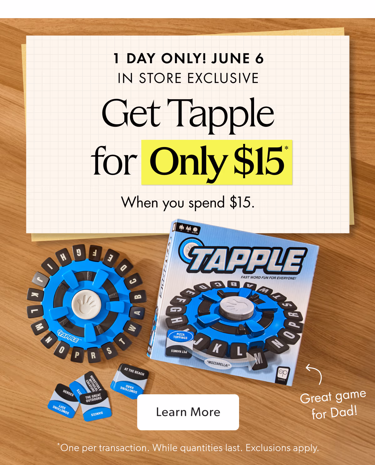 1 DAY ONLY! JUNE 6 IN STORE EXCLUSIVE | Get Tapple for Only $15 When you spend $15.