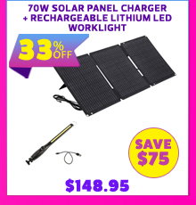 70W Solar Panel Charger + Rechargeable Lithium LED Worklight