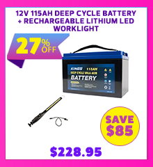 12V 115Ah Deep Cycle Battery + Rechargeable Lithium LED Worklight
