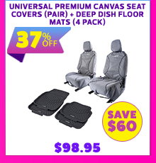 Universal Premium Canvas Seat Covers (Pair) + Deep Dish Floor Mats (4 Pack)