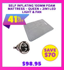 Self Inflating 100mm Foam Mattress - Queen + 2in1 LED Light & Fan