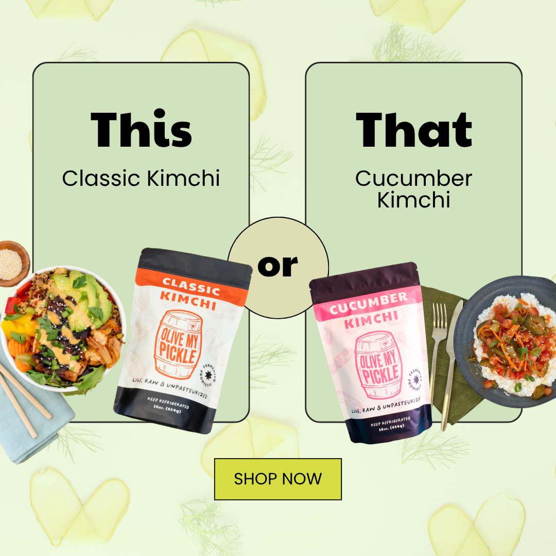 An advertisement comparing two kimchi products, Classic Kimchi and Cucumber Kimchi, from Olive My Pickle, each shown with a prepared dish and a "Shop Now" butto