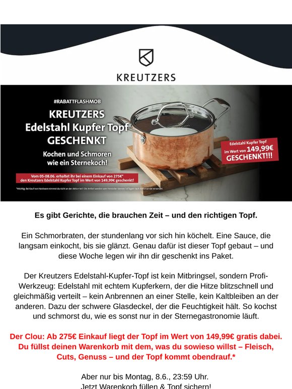 Um 0:00 Uhr gehts los: Kupfer-Topf im Wert von 149,99€ geschenkt – ab 275€ 🎁