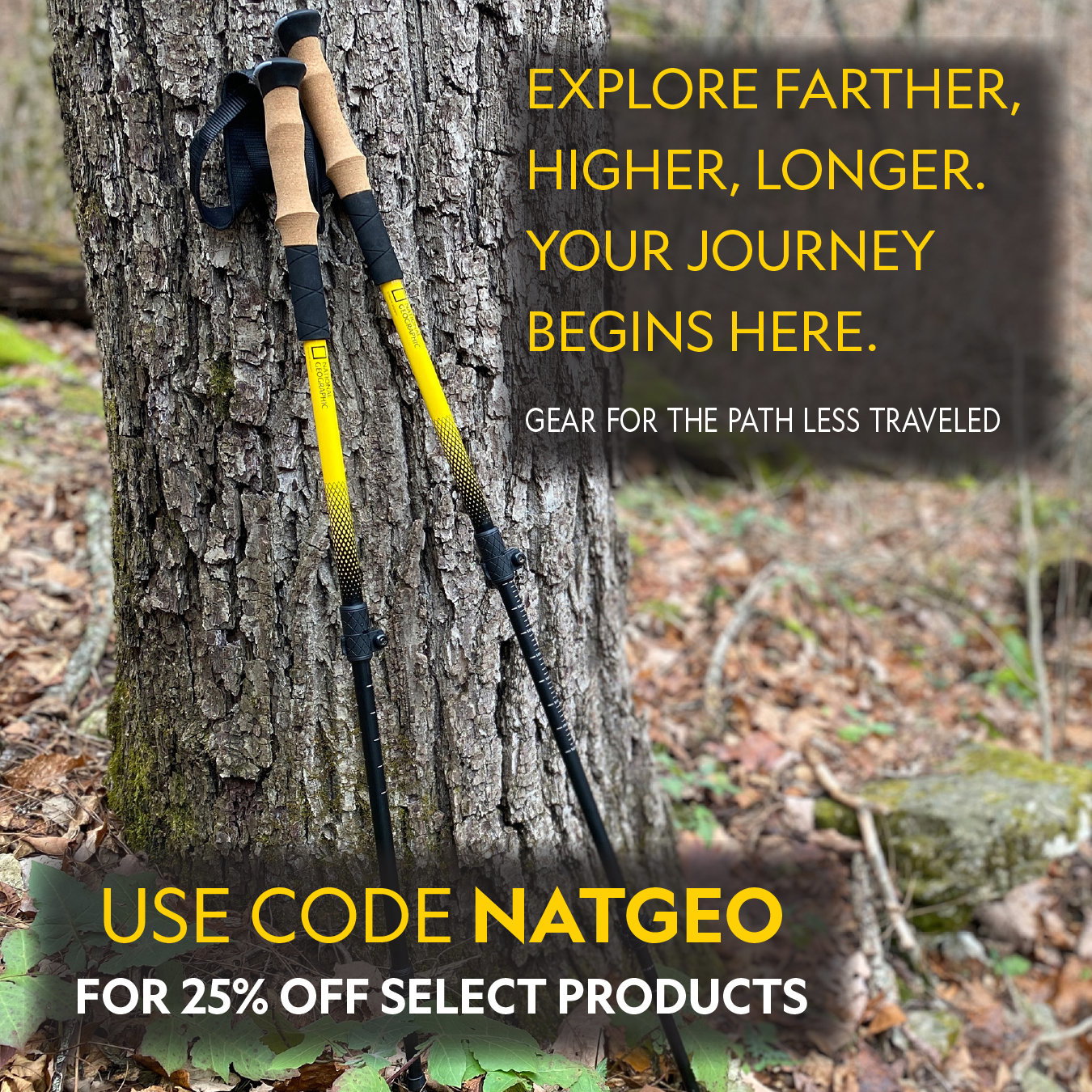 National Geographic Trekking Poles against tree for 25% off promotion