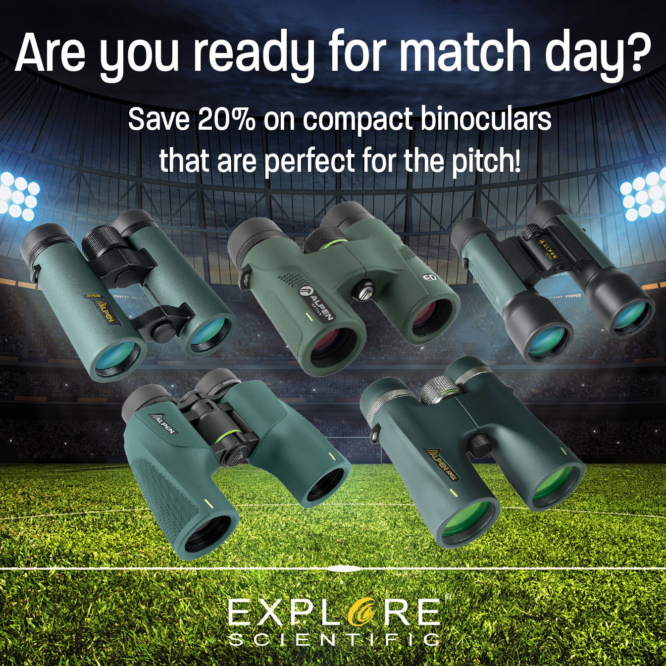 Binoculars on soccer pitch for 20% off promotion
