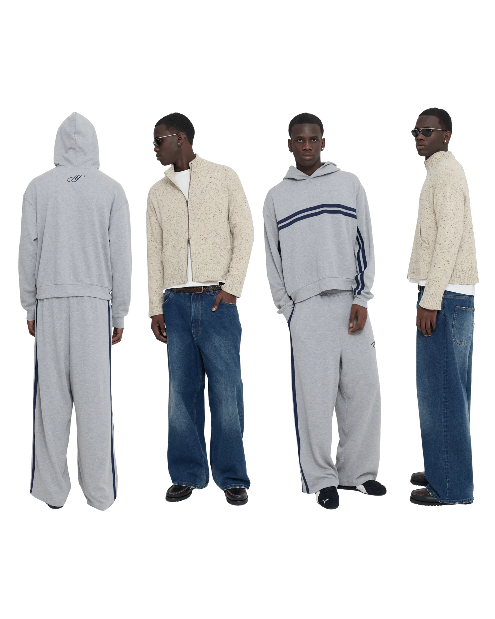 Four medium shots of a person modeling different outfits against a white background, featuring a grey hooded sweatshirt with a dark embroidered logo o...