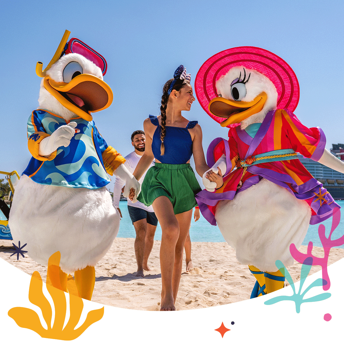 Gif of a family walking on the beach, a girl smiling with Donald and Daisy Duck and kids playing in a splash pad