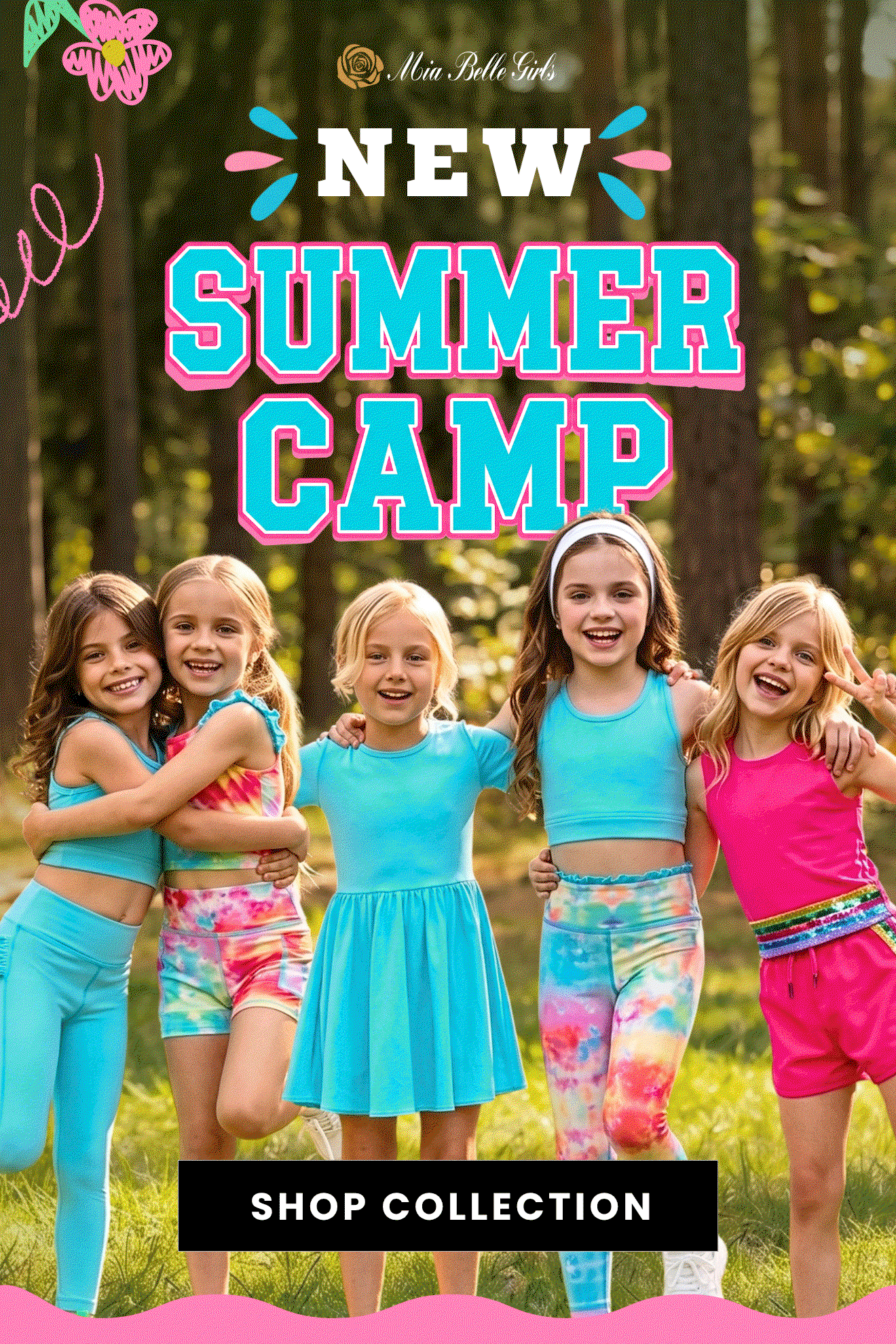 New summer Camp - Colorful camp-ready activewear from Mia Belle Girls, featuring comfortable summer styles designed for camp, play, sports, and everyday adventures.