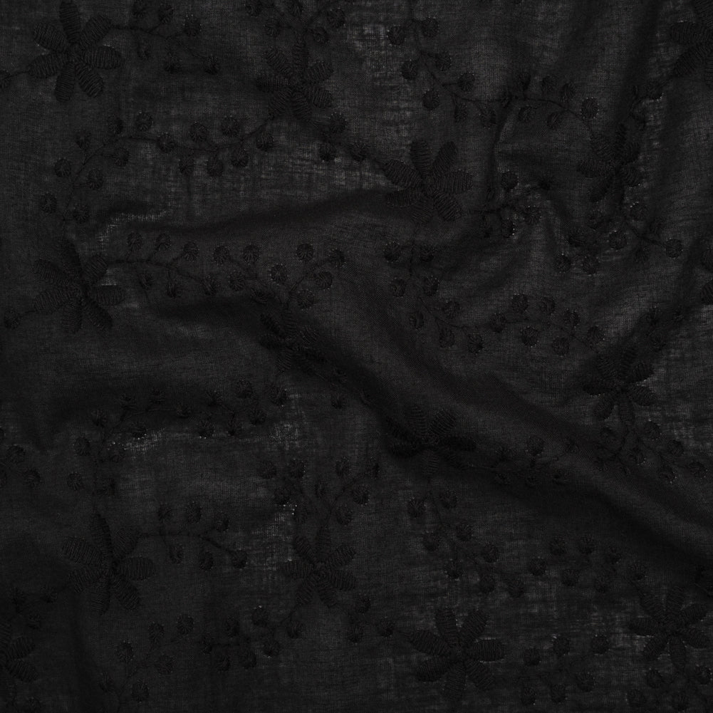 Image of Embroidered Eyelet Cotton Voile - Black Flowers on Branches - Naomi Collection