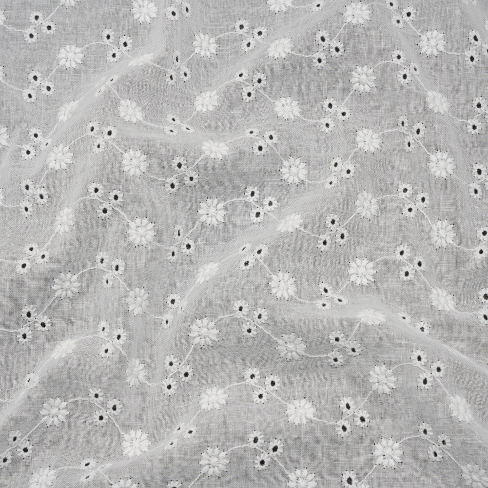 Image of Embroidered Eyelet Cotton Voile - White Little Flowers on Vines - Naomi Collection