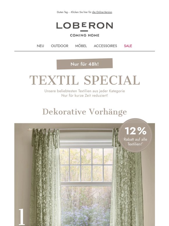 TEXTIL SPECIAL: 12 % Rabatt auf alle Textilien – Nur für 48h⚡