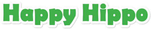 Happy Hippo logo with bold green text and white outline.