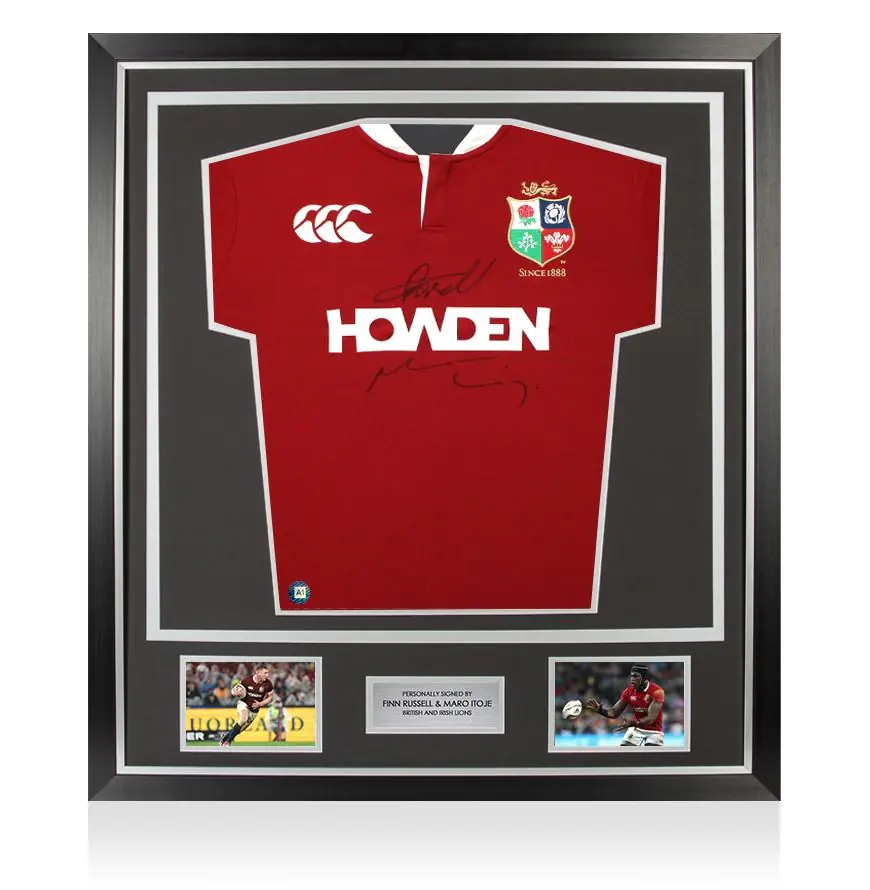 Framed Maro Itoje & Finn Russell Dual Signed British & Irish Lions Shirt - Premium