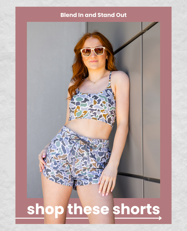 Blend In and Stand Out. Shop Local Girl Volley Shorts for Women in Bluff Camo.