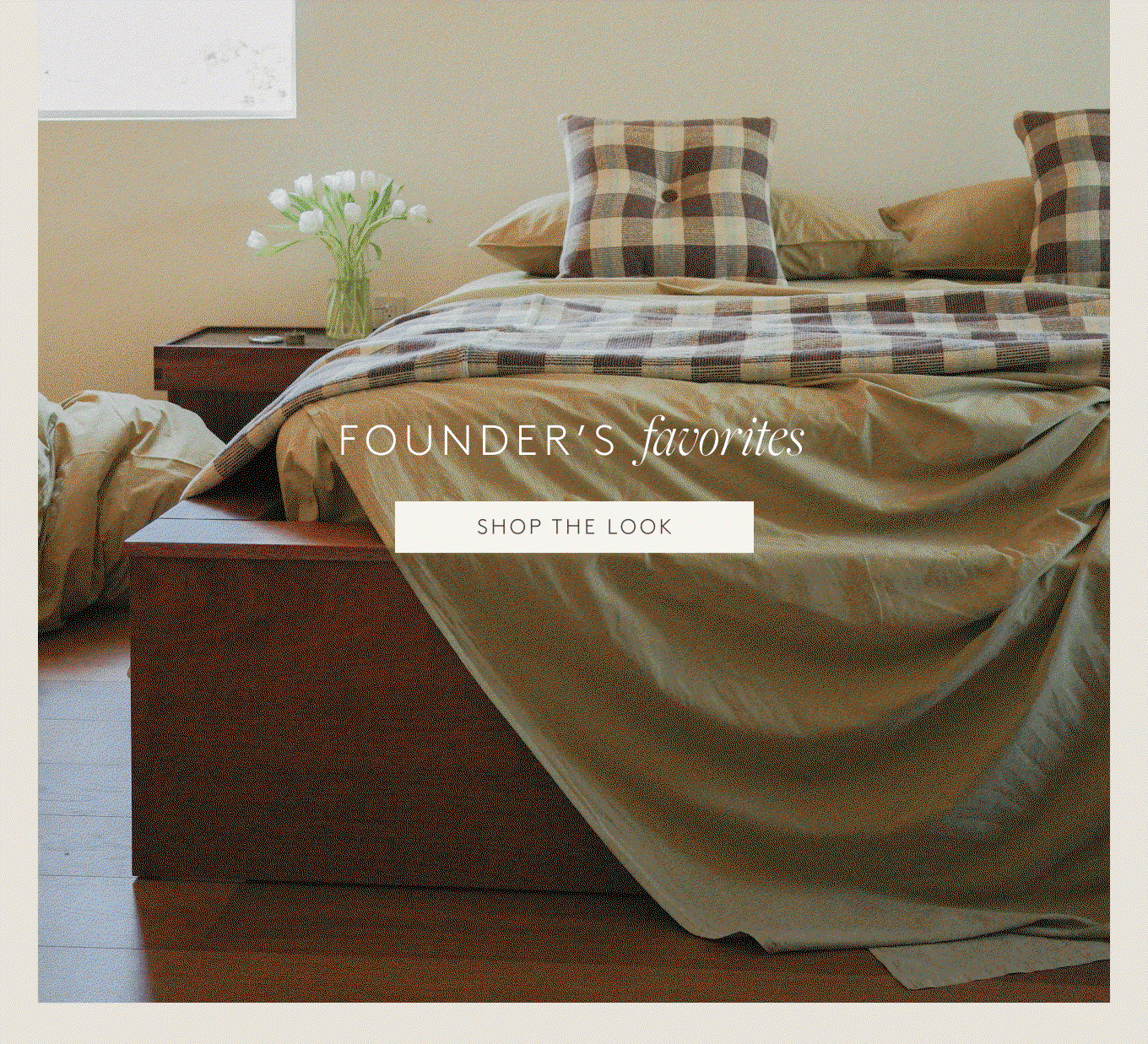 Collection of images of light green sheets with a brown check blanket and pillows