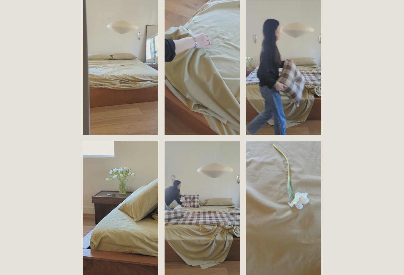 6 images of a person making a bed
