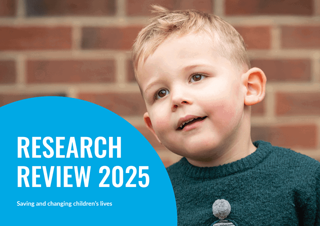 Image show the cover of our Research Review, with its title in a blue quarter circle and a young boy with blonde hair, looking out and smiling.