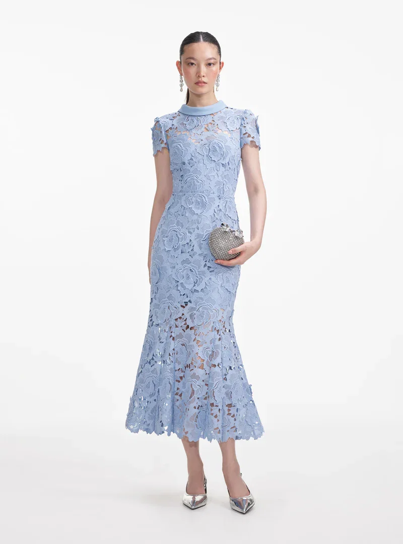 BLUE FLOWER LACE CONTRAST COLLAR MIDI DRESS