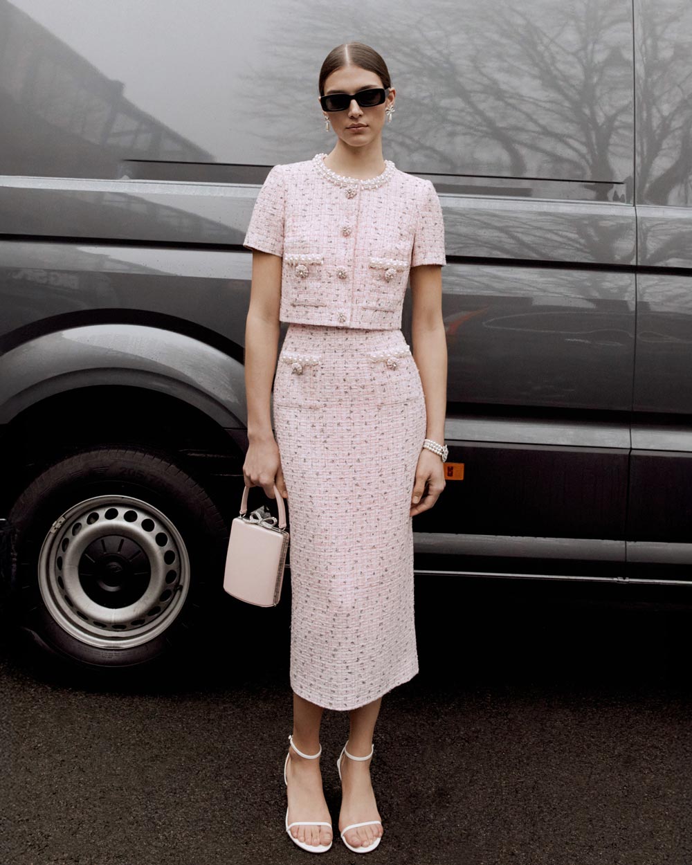 Pink Boucle Pearl Midi Skirt