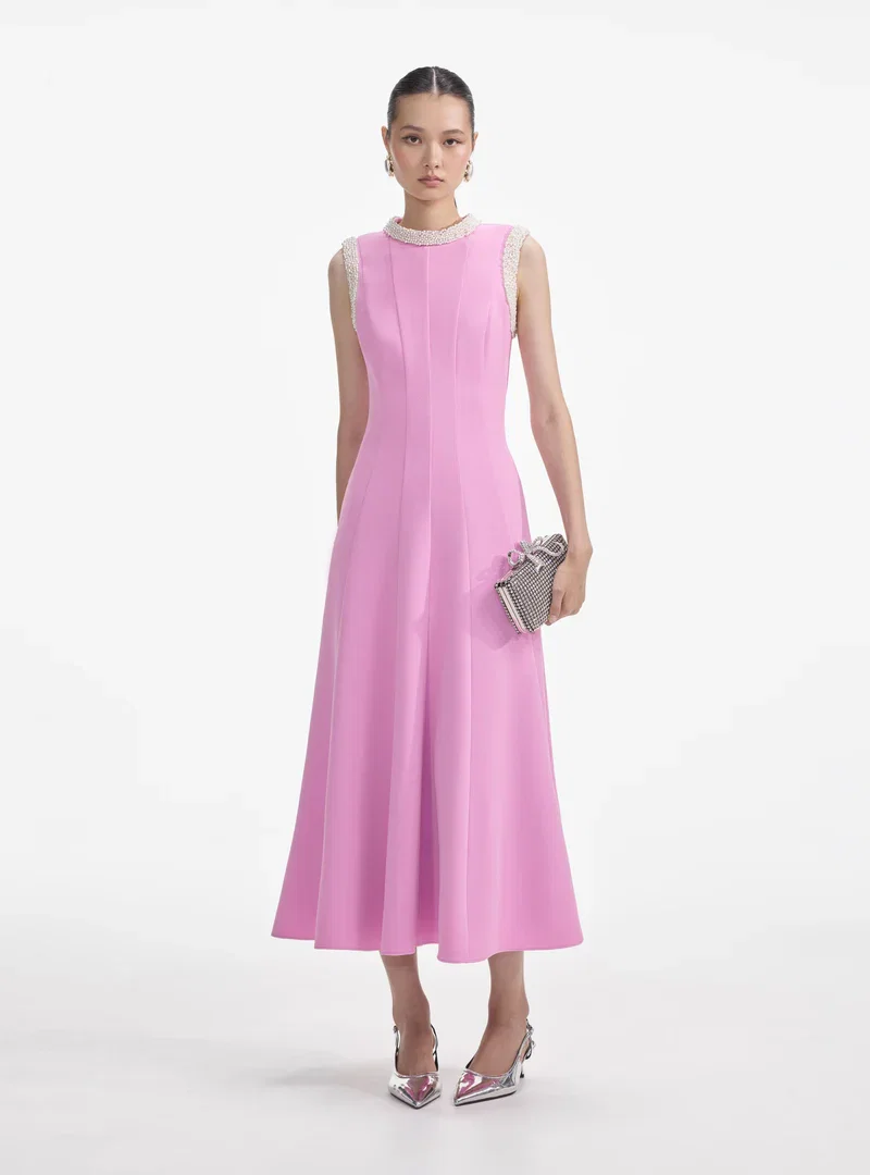 PINK CREPE PEARL TRIM MIDI DRESS