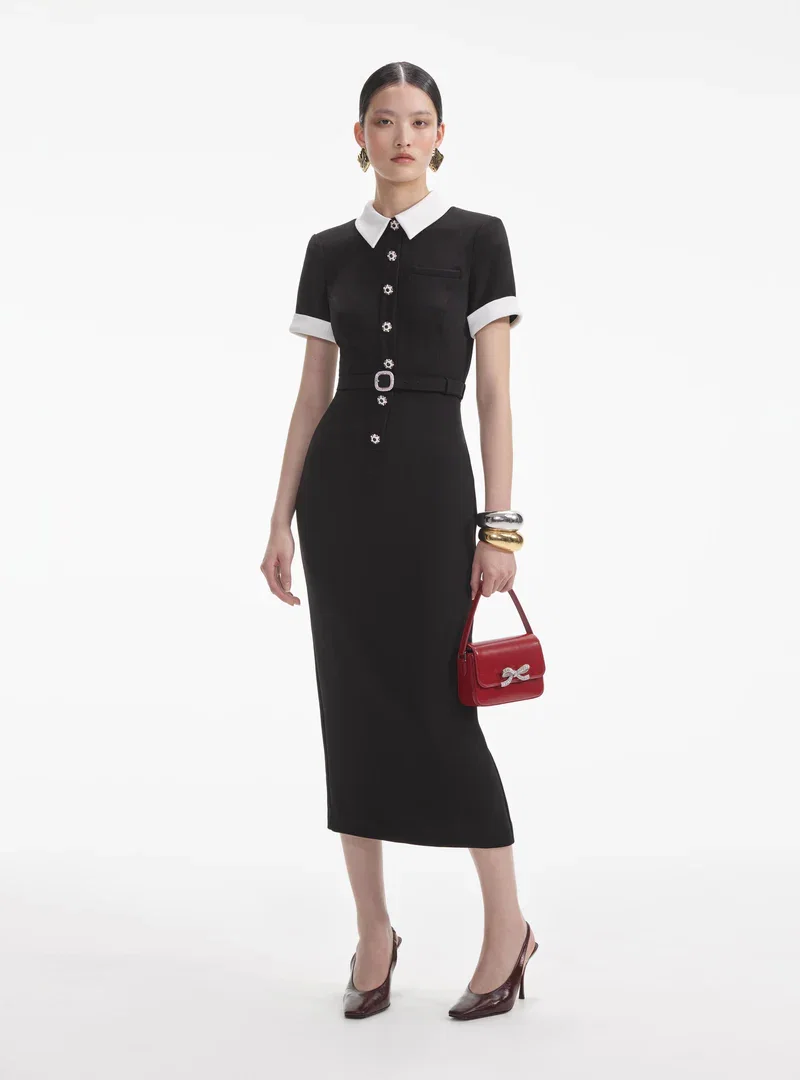 BLACK CREPE CONTRAST MIDI DRESS