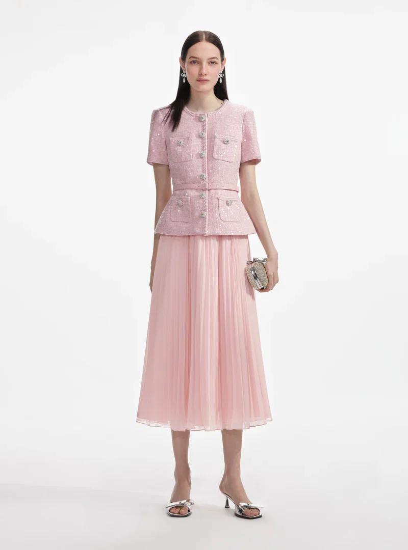 PINK BOUCLE SEQUIN MIDI DRESS
