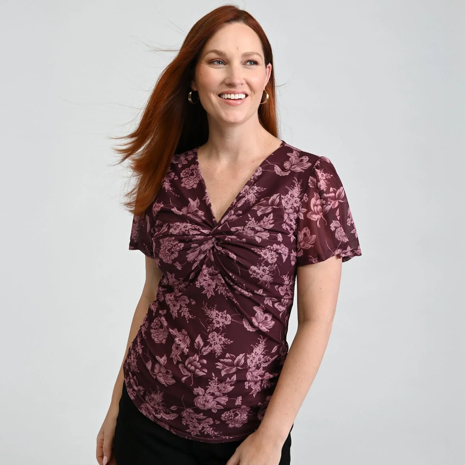 Image of Christopher & Banks Floral Print Twist Neck Mesh Top
