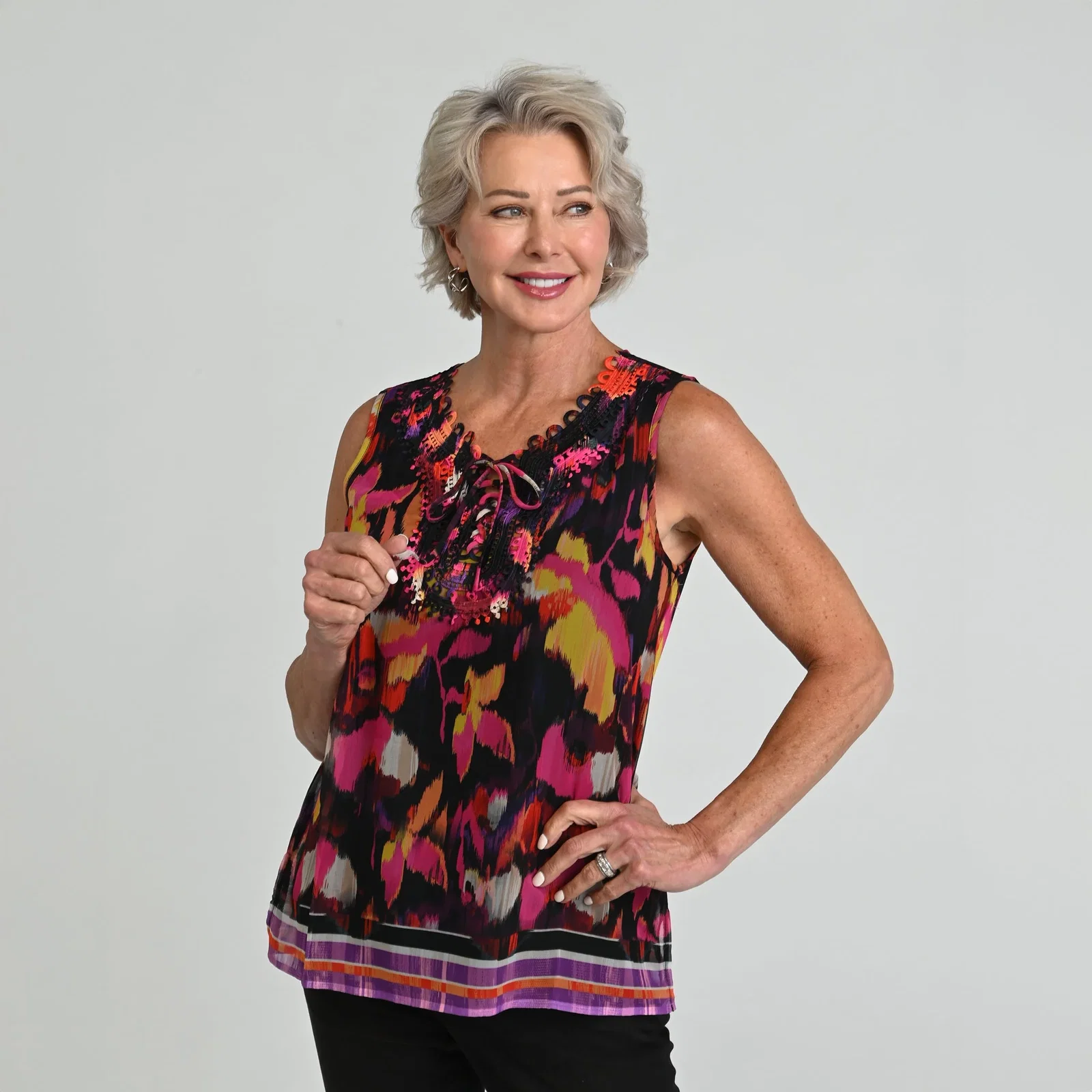 Image of Christopher & Banks Border Print Crochet Tie Front Sleeveless Top