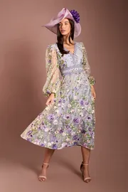 Lisa Tan Long Sleeve Embroidered Mesh Midi Dress