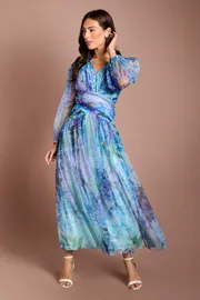 Petite Printed Floral Mesh Midaxi Dress
