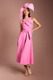 Lisa Tan Cross Neck Belted Crepe Midi Dress