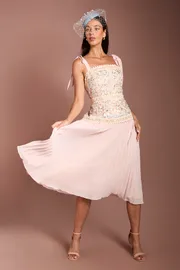 Lisa Tan Embroidered Mesh Pleated Skirt Midi Dress