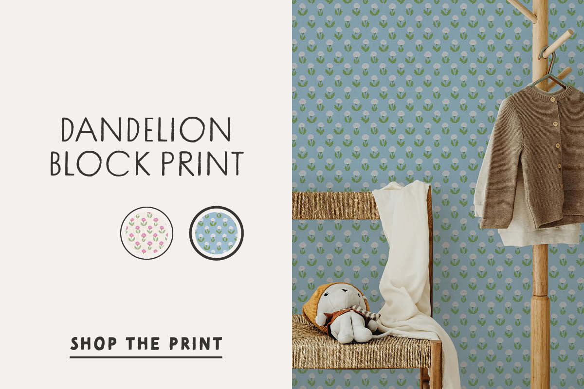 Image of Tempaper's new Dandelion Block Print Wallpaper X by She She with text "Dandelion Block Print. Shop the Print" 