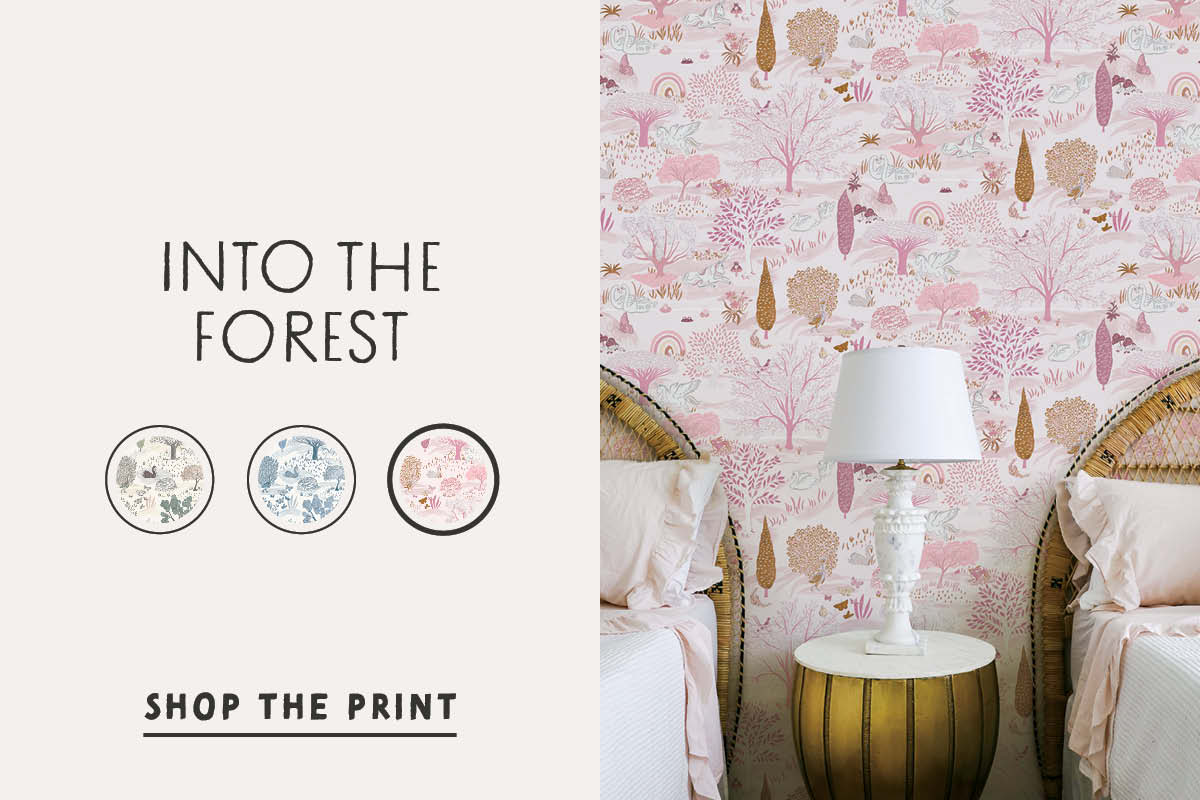 Image of Tempaper's new Into the Forest Wallpaper X She She with text "Into the Forest, Shop the Print"
