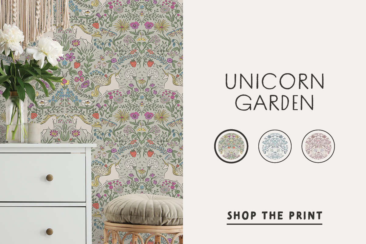 Image of Tempaper's new Unicorn Garden Wallpaper x SheShe with text "Uniconr Garden Shop the Print"
