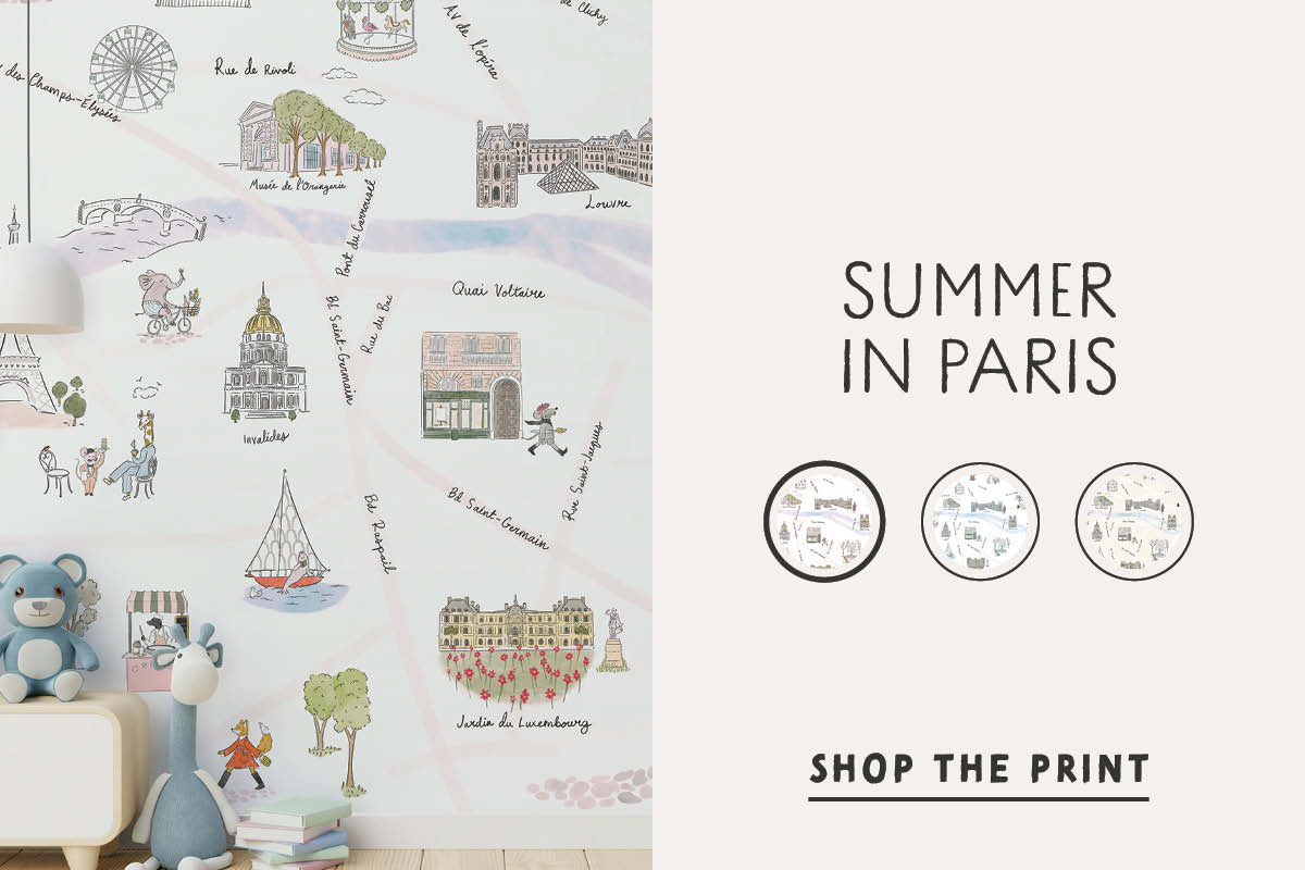 Image of Tempaper's new Summer in Paris Mural X She She with text "Summer in Paris, Shop the Print"