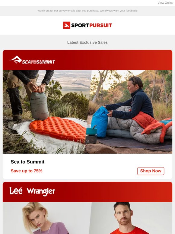 Shop Up to 75% Off: Sea to Summit | Lee & Wrangler | Elevenate | Seeland & Härkila | Adidas Golf