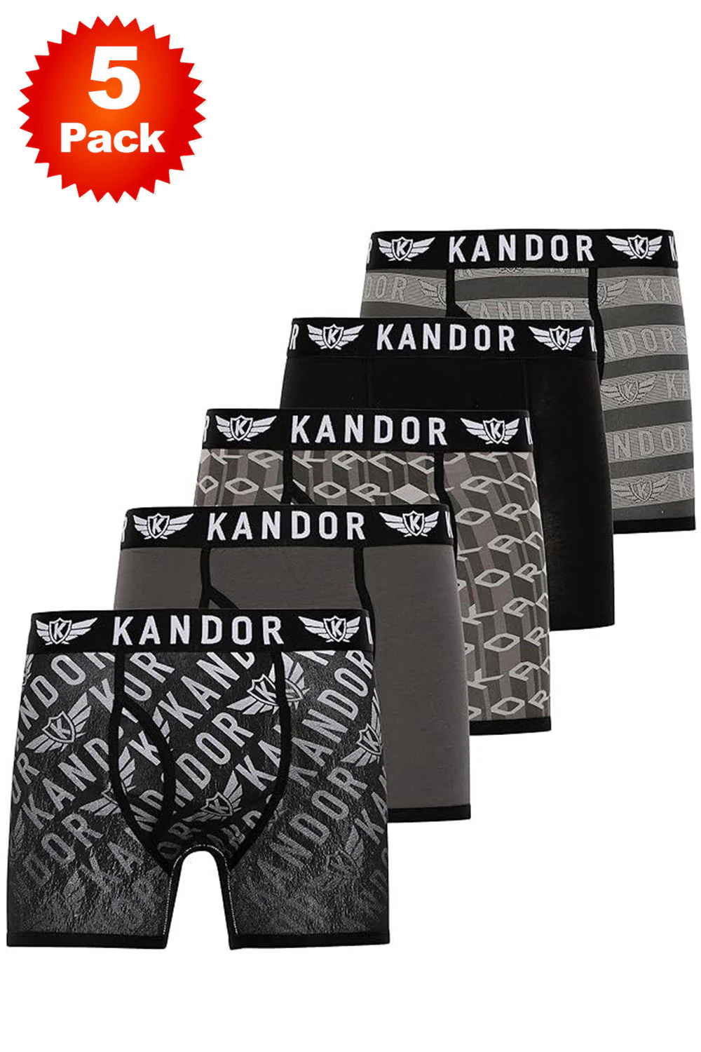 Image of 5 Pack Kandor Men’s Boxer Briefs Multipack – Cotton Stretch Underwear with Modern Prints & Solid Colors