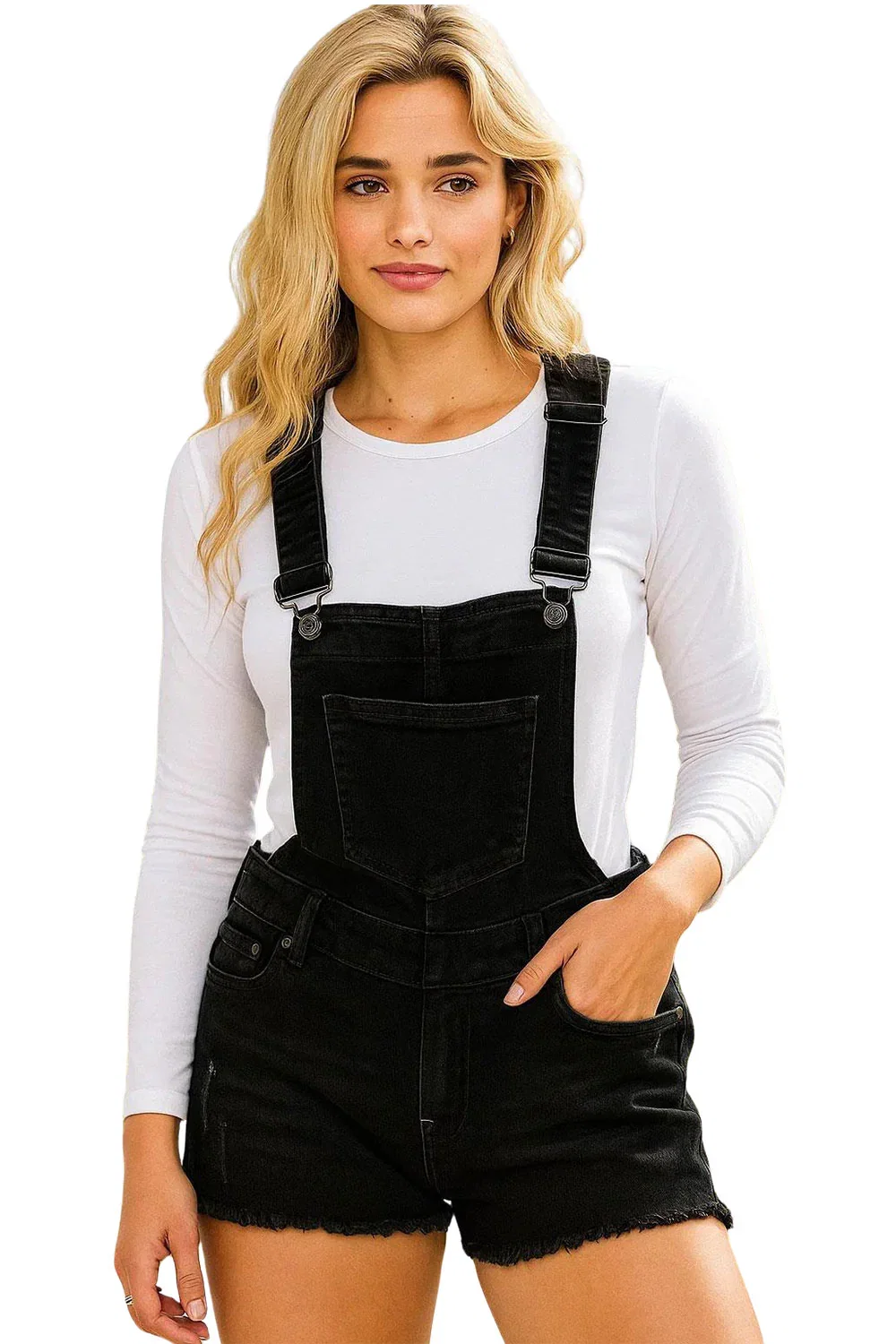 Image of Ladies Black Denim Stretchable Dungaree