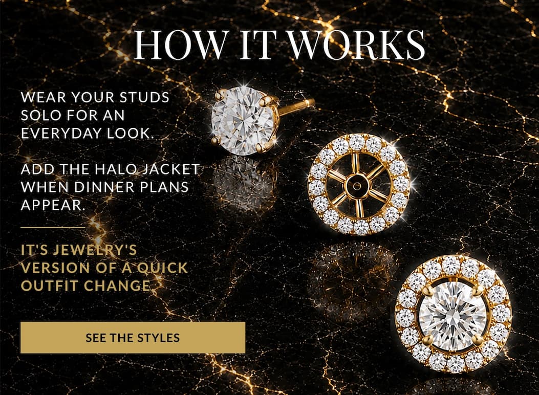 yellow gold diamond stud earring paired with a round halo earring jacket