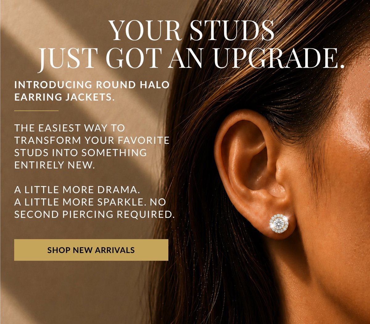 woman wearing a diamond stud earring with a round halo earring jacket