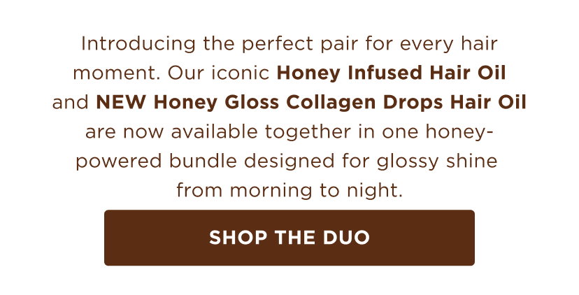 GIF of the NEW Honey Gloss Collagen Drops Hair Oil, showing packaging and Negin