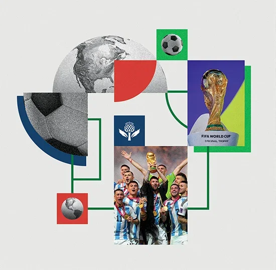 Collage for the World Cup, featuring images of Argentina winning in 2022, the World Cup trophy, and soccer balls.